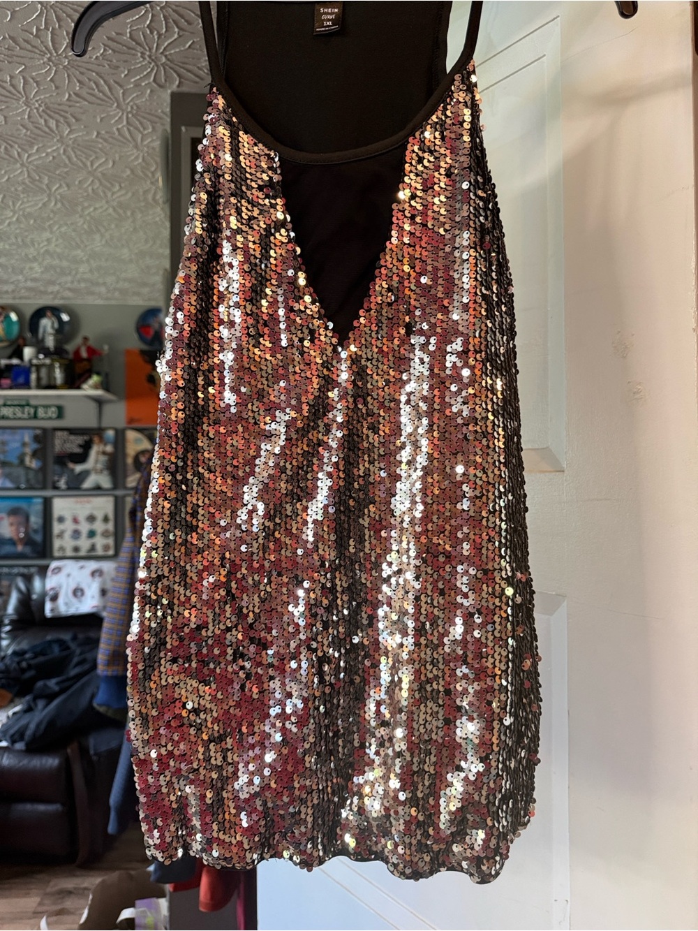 Sequin Tank Dress in Rose Gold and Black Trim